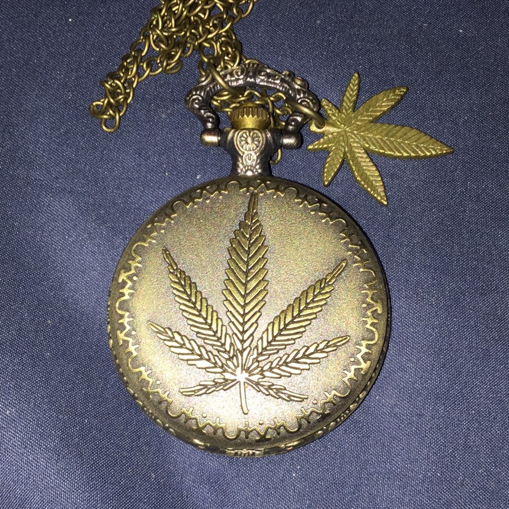 Leaf Pocket watch & leaf charm and 30 inch chain